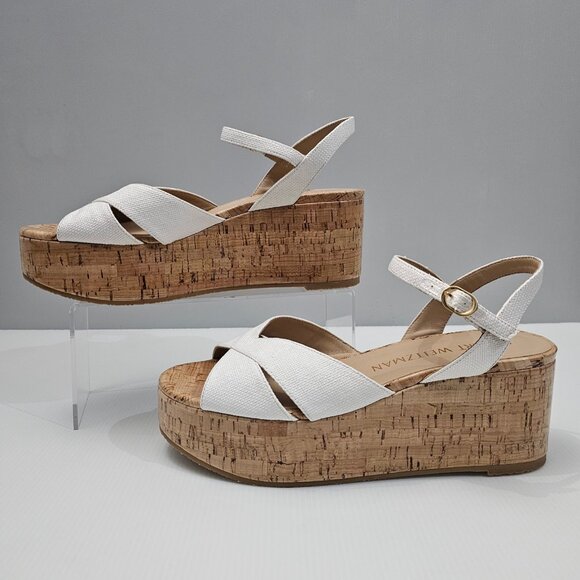 NEW Stuart Weitzman Carmen Midi Wedge Sz 9.5 Sandal Platform White Leather Cork - Picture 2 of 14